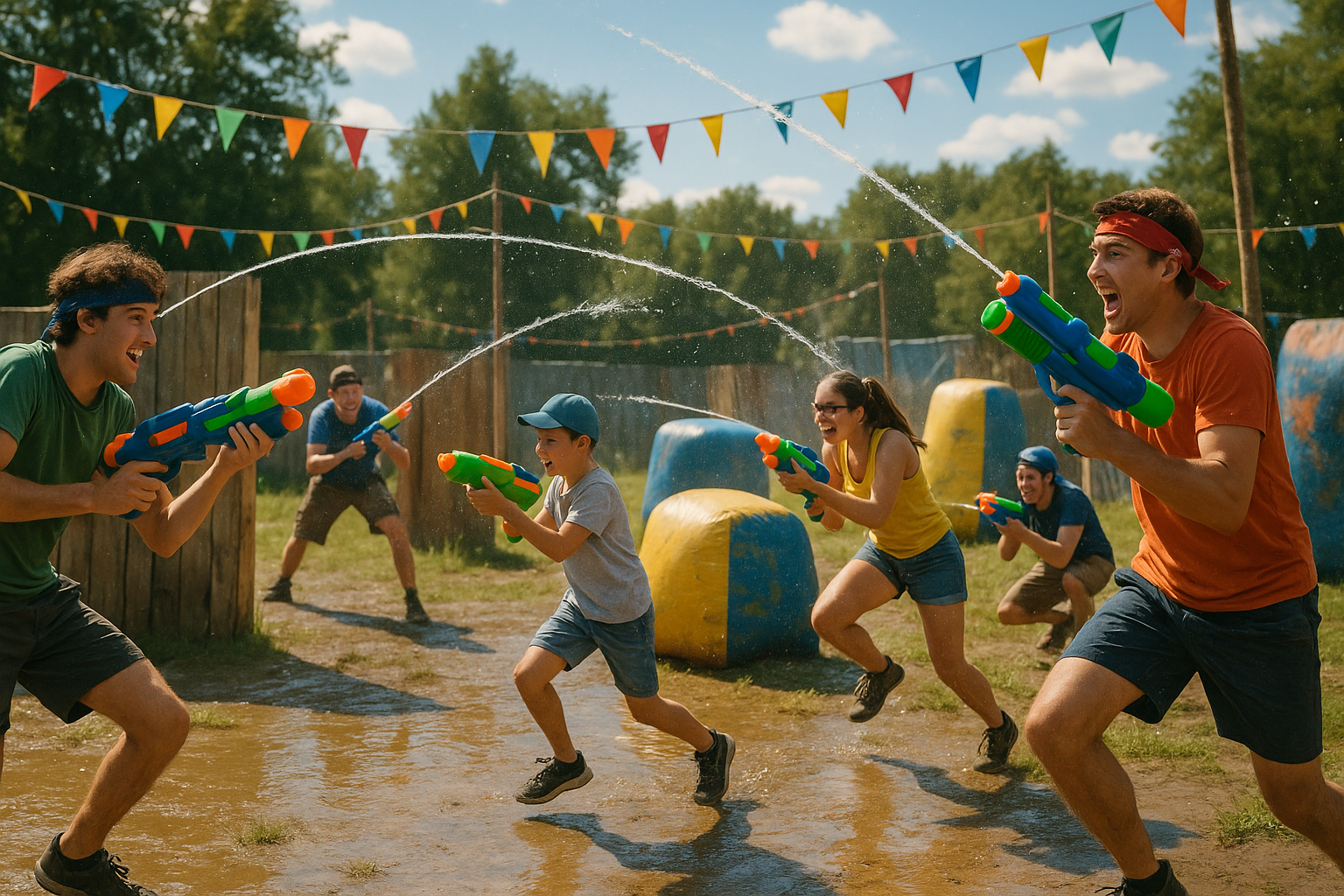 a battle field with people holding water guns